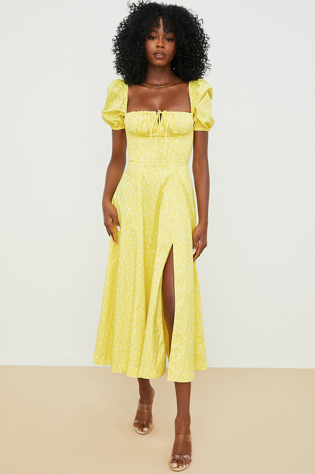 Square Neck Puff Sleeve Ruched Tie Bust Ditsy Floral Thigh Slit Midi Dress