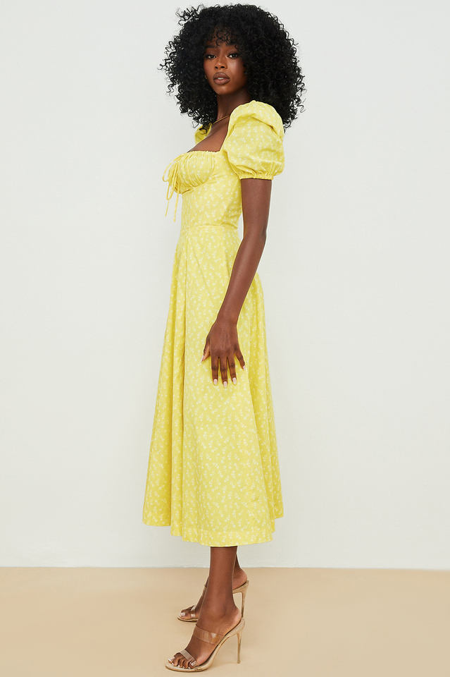 Square Neck Puff Sleeve Ruched Tie Bust Ditsy Floral Thigh Slit Midi Dress