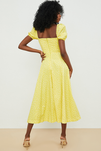 Square Neck Puff Sleeve Ruched Tie Bust Ditsy Floral Thigh Slit Midi Dress