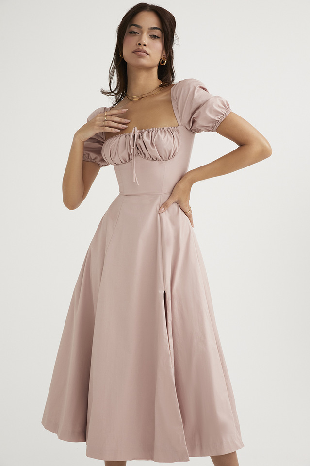 Square Neck Puff Sleeve Ruched Tie Bust Ditsy Floral Thigh Slit Midi Dress
