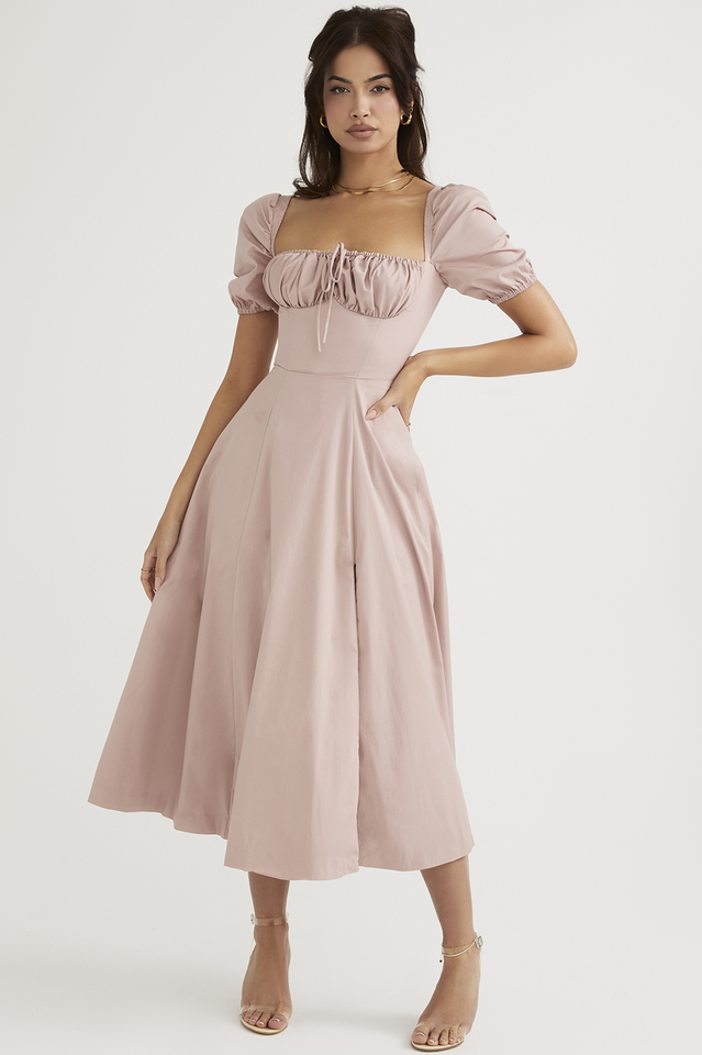 Square Neck Puff Sleeve Ruched Tie Bust Ditsy Floral Thigh Slit Midi Dress