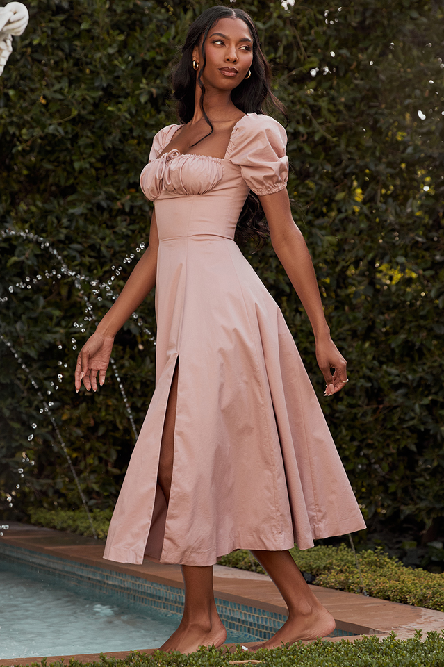 Square Neck Puff Sleeve Ruched Tie Bust Ditsy Floral Thigh Slit Midi Dress