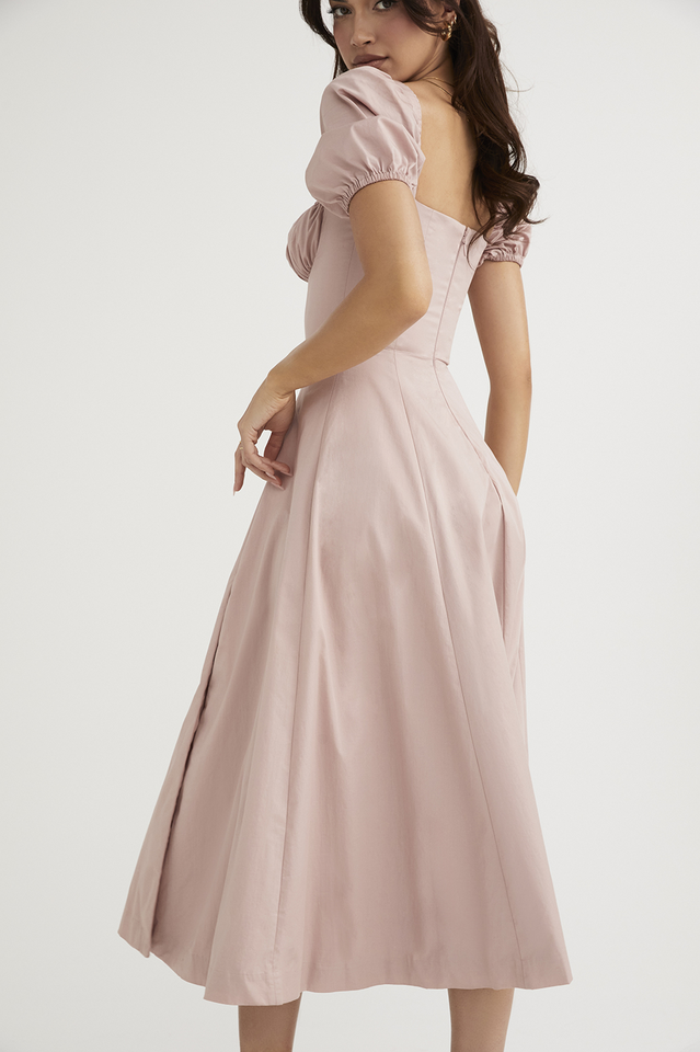 Square Neck Puff Sleeve Ruched Tie Bust Ditsy Floral Thigh Slit Midi Dress