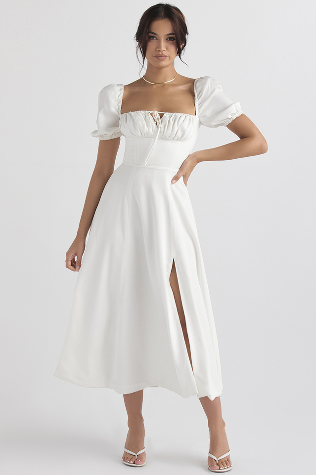 Square Neck Puff Sleeve Ruched Tie Bust Ditsy Floral Thigh Slit Midi Dress