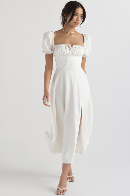 Square Neck Puff Sleeve Ruched Tie Bust Ditsy Floral Thigh Slit Midi Dress