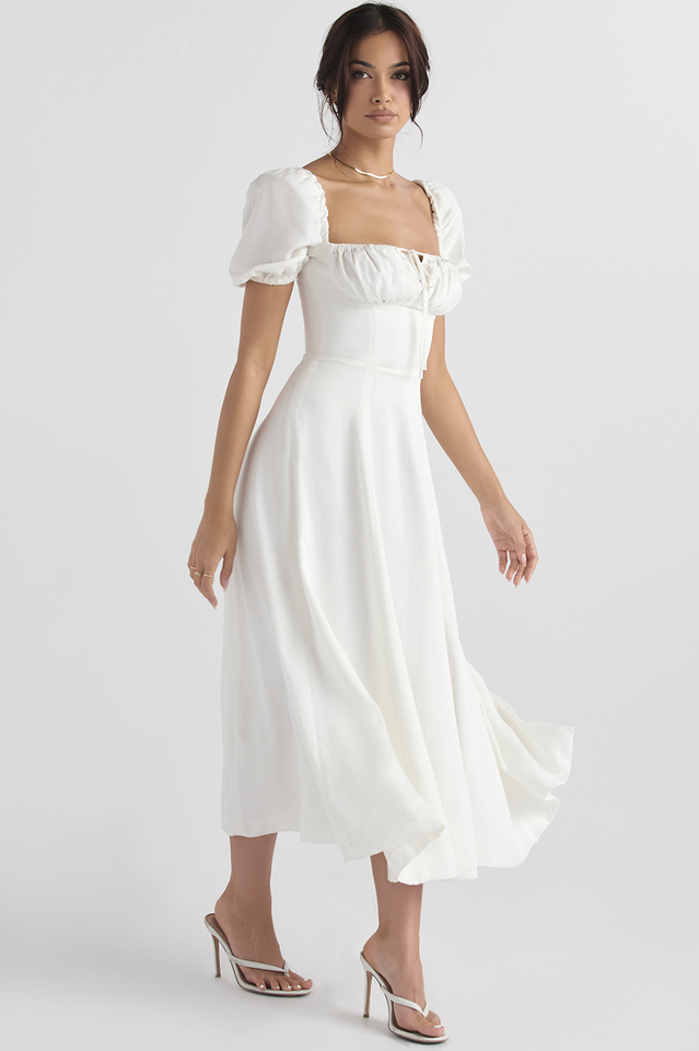 Square Neck Puff Sleeve Ruched Tie Bust Ditsy Floral Thigh Slit Midi Dress