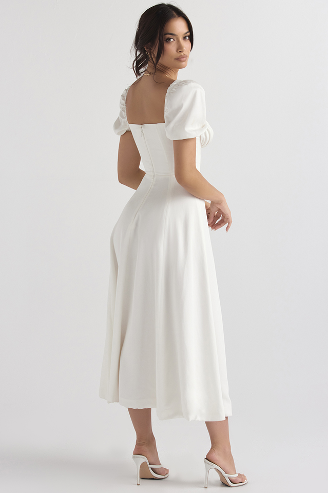 Square Neck Puff Sleeve Ruched Tie Bust Ditsy Floral Thigh Slit Midi Dress