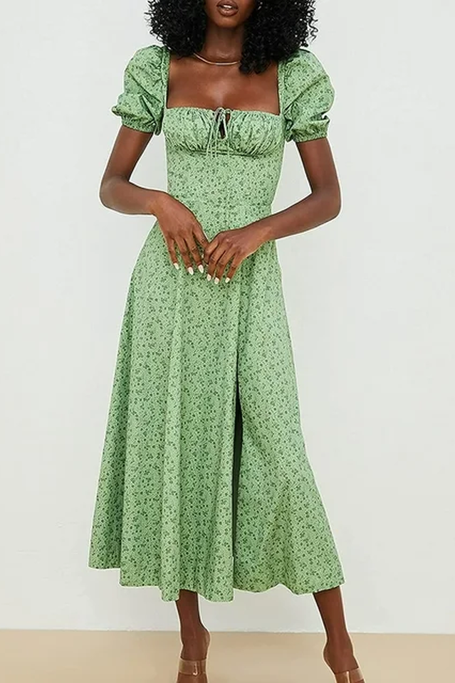 Square Neck Puff Sleeve Ruched Tie Bust Ditsy Floral Thigh Slit Midi Dress