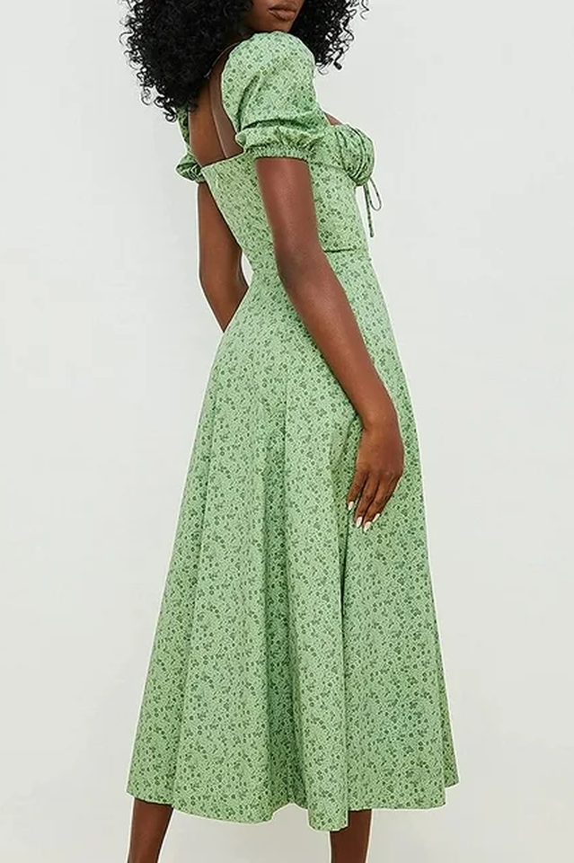 Square Neck Puff Sleeve Ruched Tie Bust Ditsy Floral Thigh Slit Midi Dress