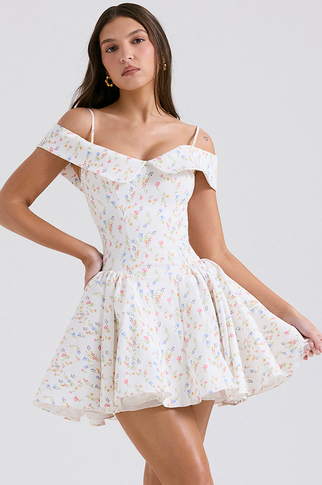 Off Shoulder Fold Over Collar Spaghetti Strap Pleated Fit and Flare Mini Dress