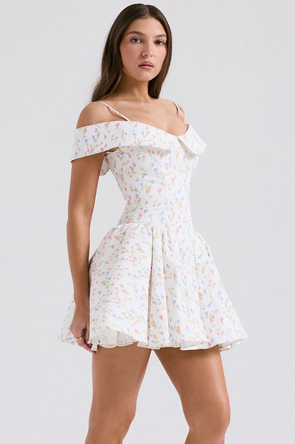 Off Shoulder Fold Over Collar Spaghetti Strap Pleated Fit and Flare Mini Dress