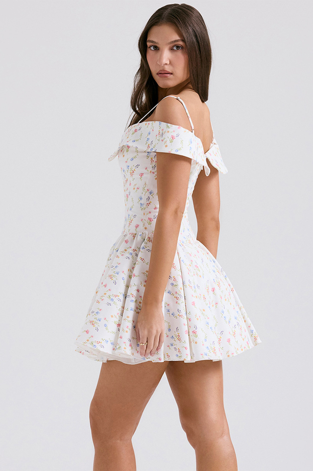 Off Shoulder Fold Over Collar Spaghetti Strap Pleated Fit and Flare Mini Dress