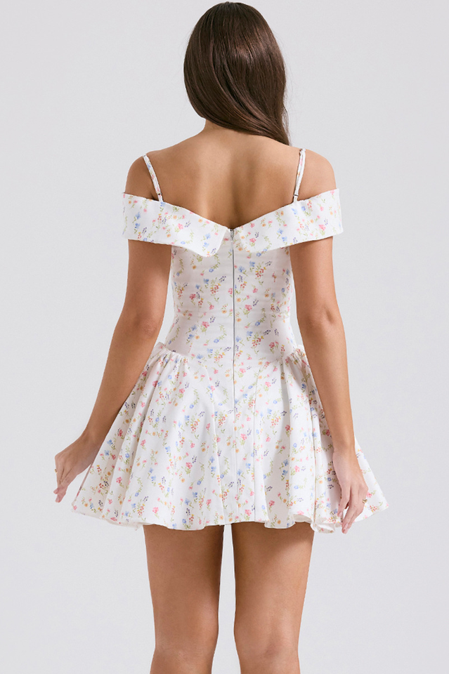 Off Shoulder Fold Over Collar Spaghetti Strap Pleated Fit and Flare Mini Dress