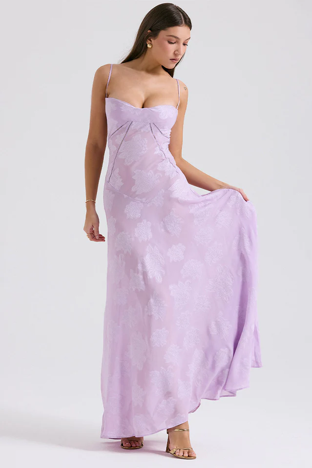 Corset Seam Scoop Neck Spaghetti Strap Floral Burnout Lace A-Line Maxi Gown