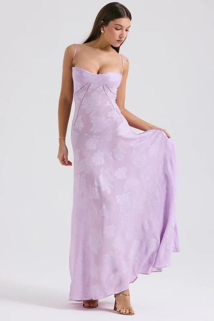 Corset Seam Scoop Neck Spaghetti Strap Floral Burnout Lace A-Line Maxi Gown