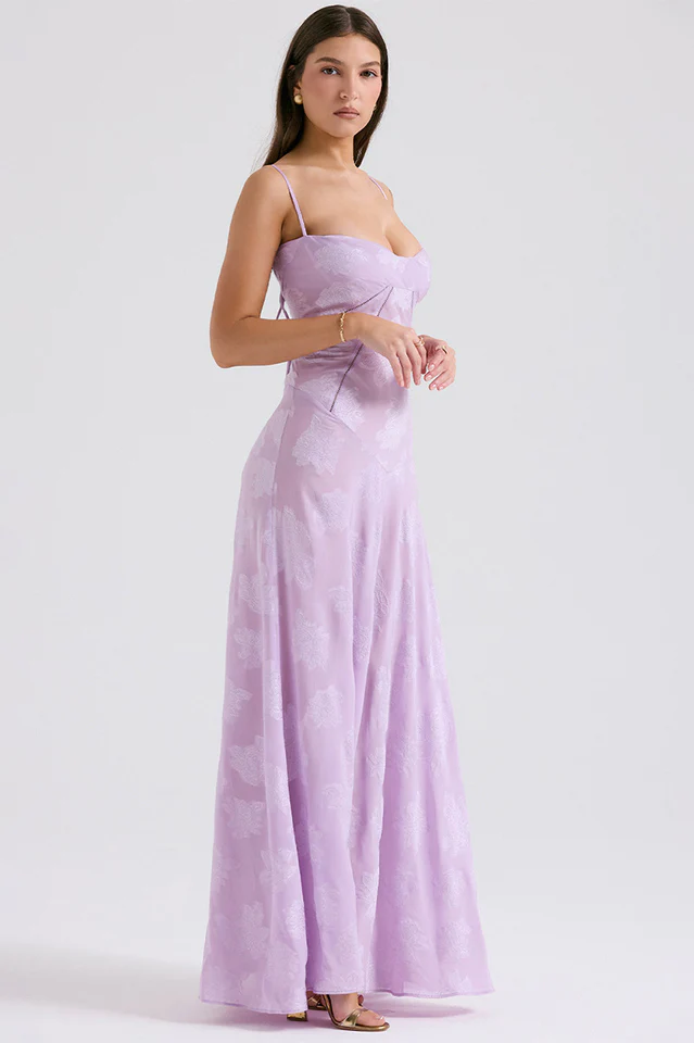 Corset Seam Scoop Neck Spaghetti Strap Floral Burnout Lace A-Line Maxi Gown