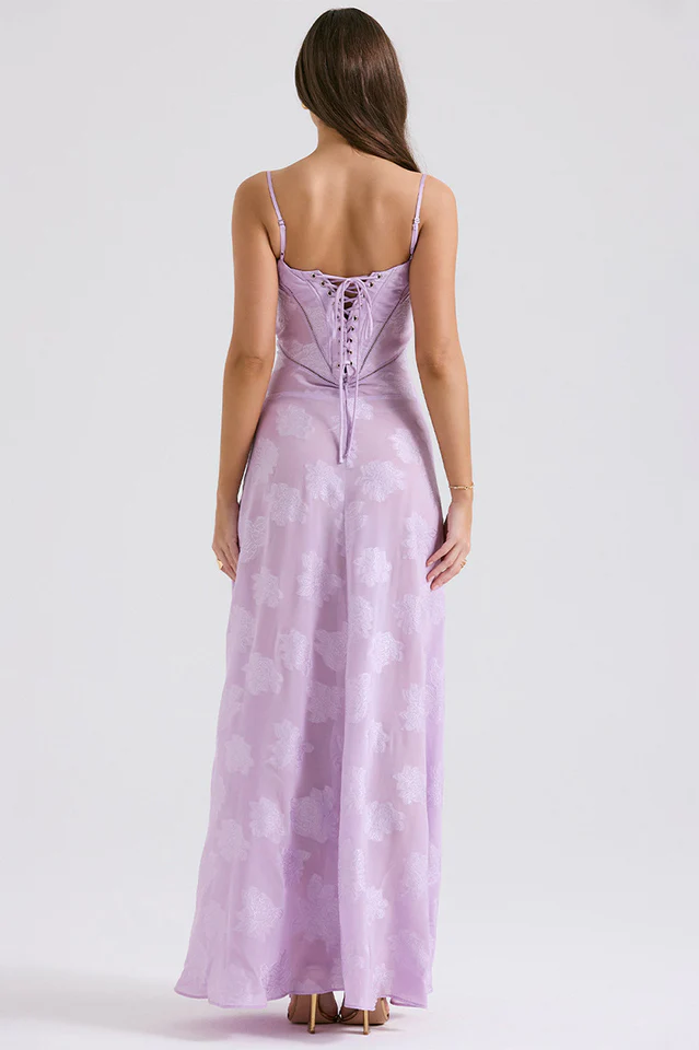Corset Seam Scoop Neck Spaghetti Strap Floral Burnout Lace A-Line Maxi Gown