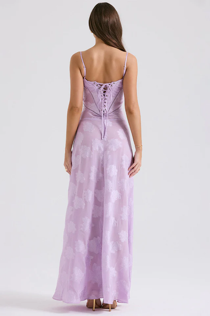 Corset Seam Scoop Neck Spaghetti Strap Floral Burnout Lace A-Line Maxi Gown