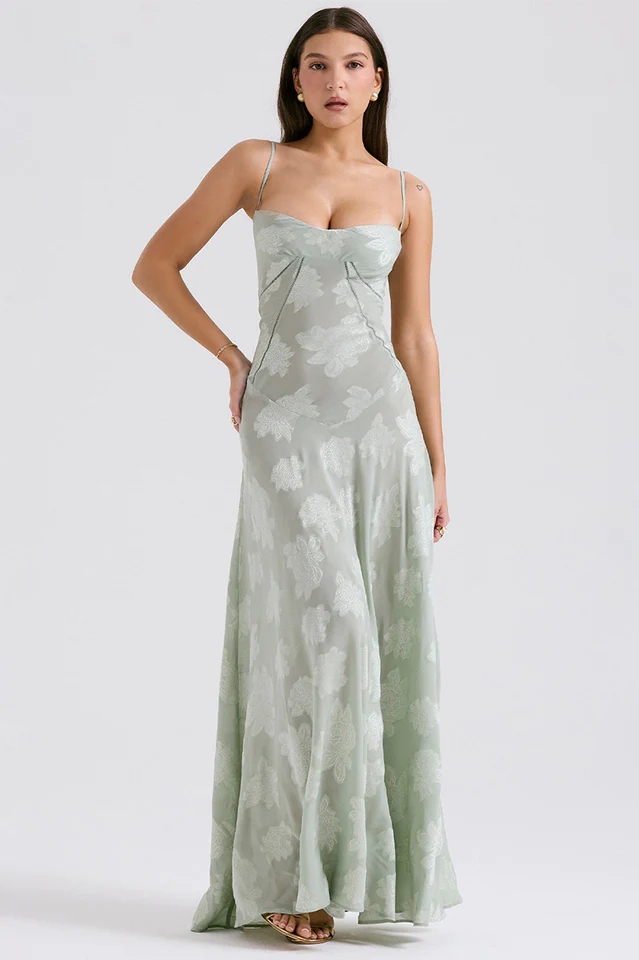 Corset Seam Scoop Neck Spaghetti Strap Floral Burnout Lace A-Line Maxi Gown