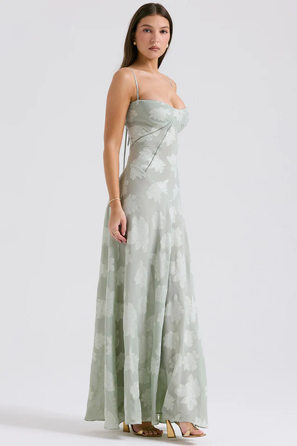 Corset Seam Scoop Neck Spaghetti Strap Floral Burnout Lace A-Line Maxi Gown