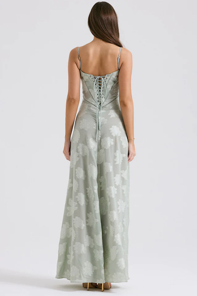Corset Seam Scoop Neck Spaghetti Strap Floral Burnout Lace A-Line Maxi Gown