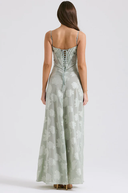 Corset Seam Scoop Neck Spaghetti Strap Floral Burnout Lace A-Line Maxi Gown