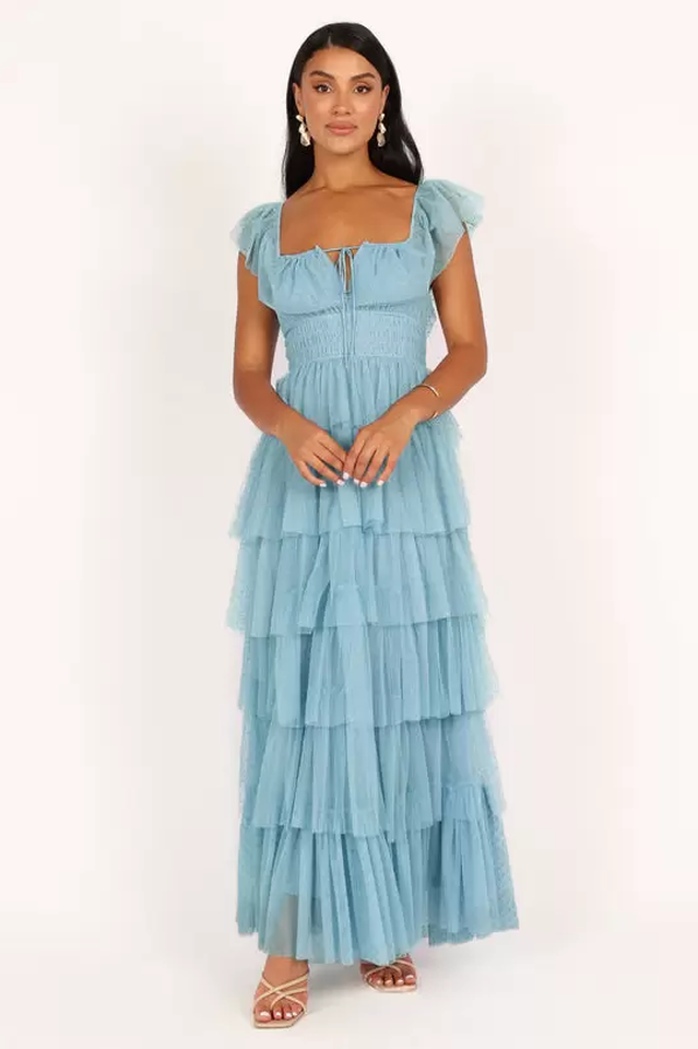 Polka Dot Mesh Smocked Waist Tiered Flutter Sleeve Maxi Dress