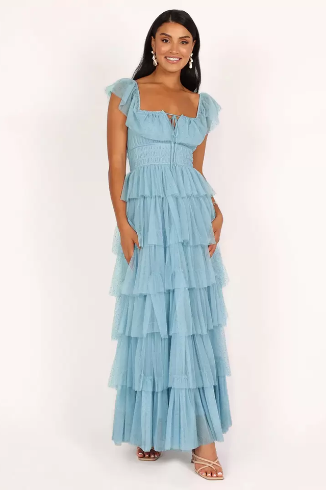 Polka Dot Mesh Smocked Waist Tiered Flutter Sleeve Maxi Dress