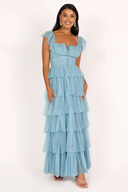 Polka Dot Mesh Smocked Waist Tiered Flutter Sleeve Maxi Dress