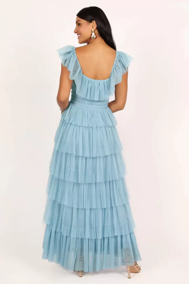Polka Dot Mesh Smocked Waist Tiered Flutter Sleeve Maxi Dress