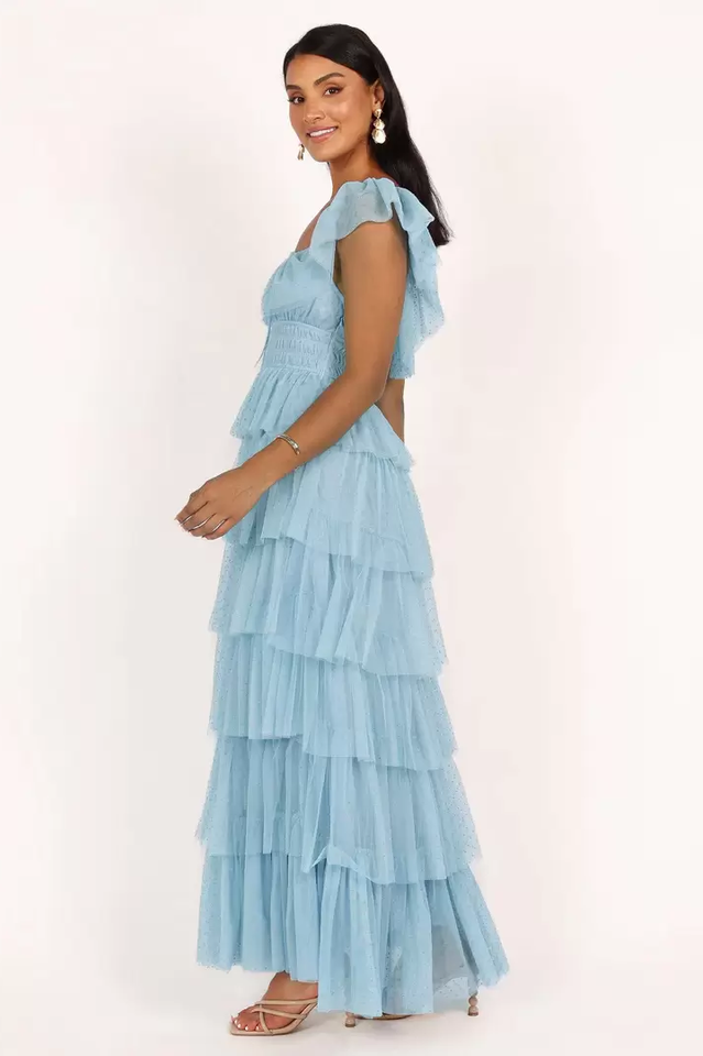Polka Dot Mesh Smocked Waist Tiered Flutter Sleeve Maxi Dress