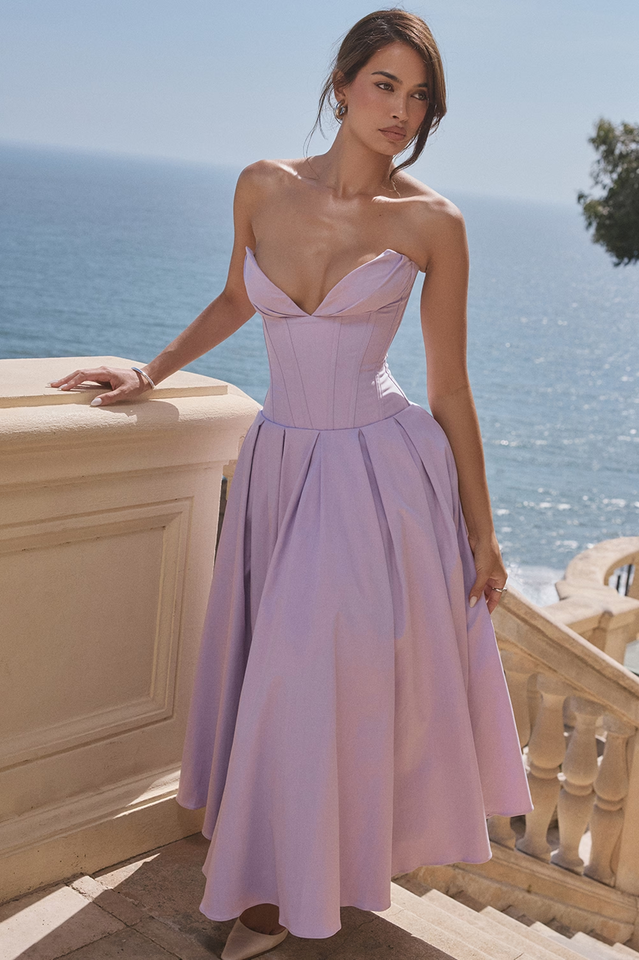 Strapless Deep Plunge Corset Boned Pleated A-Line Midi Dress