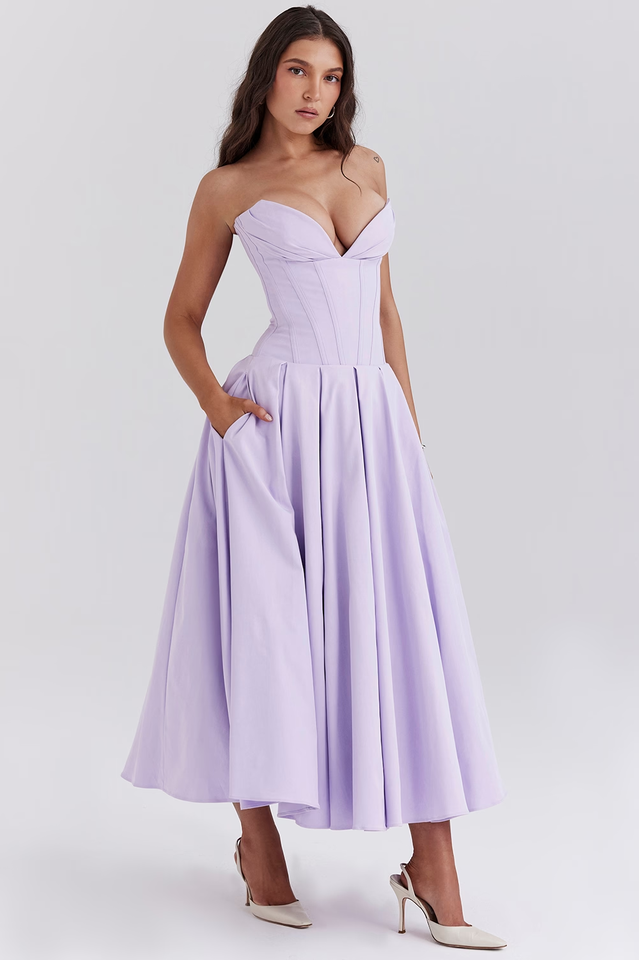 Strapless Deep Plunge Corset Boned Pleated A-Line Midi Dress