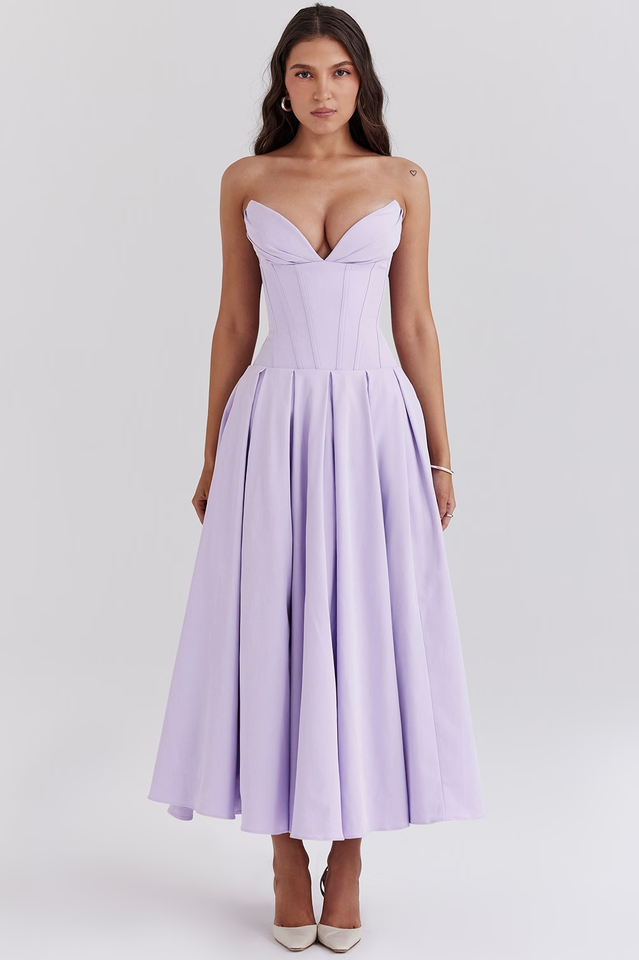 Strapless Deep Plunge Corset Boned Pleated A-Line Midi Dress
