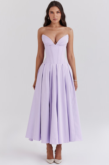 Strapless Deep Plunge Corset Boned Pleated A-Line Midi Dress