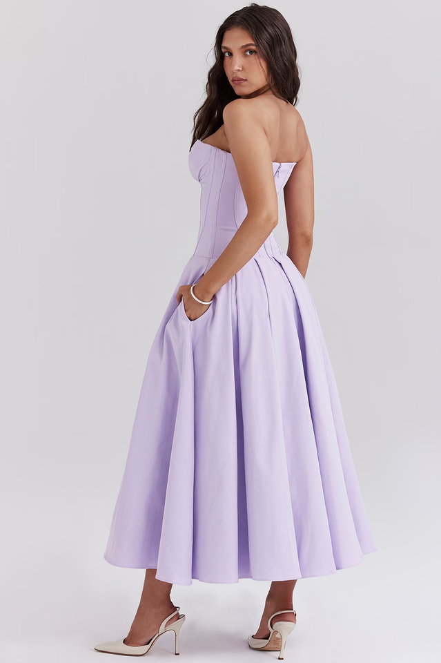 Strapless Deep Plunge Corset Boned Pleated A-Line Midi Dress