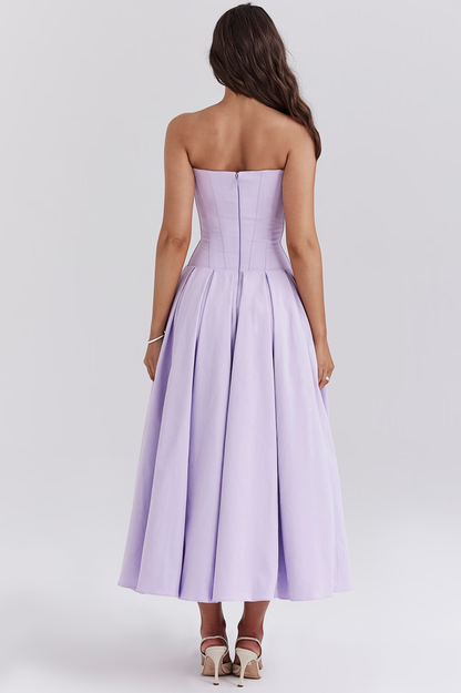 Strapless Deep Plunge Corset Boned Pleated A-Line Midi Dress