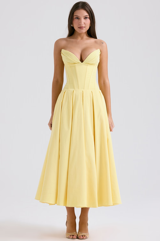 Strapless Deep Plunge Corset Boned Pleated A-Line Midi Dress