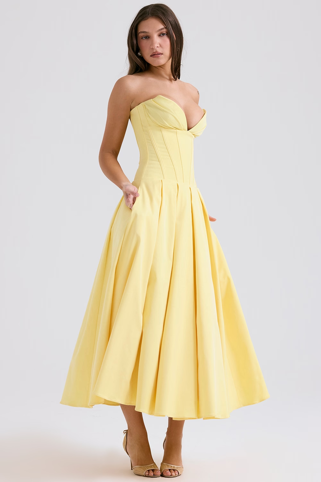 Strapless Deep Plunge Corset Boned Pleated A-Line Midi Dress