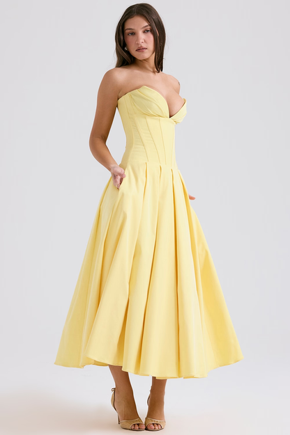 Strapless Deep Plunge Corset Boned Pleated A-Line Midi Dress