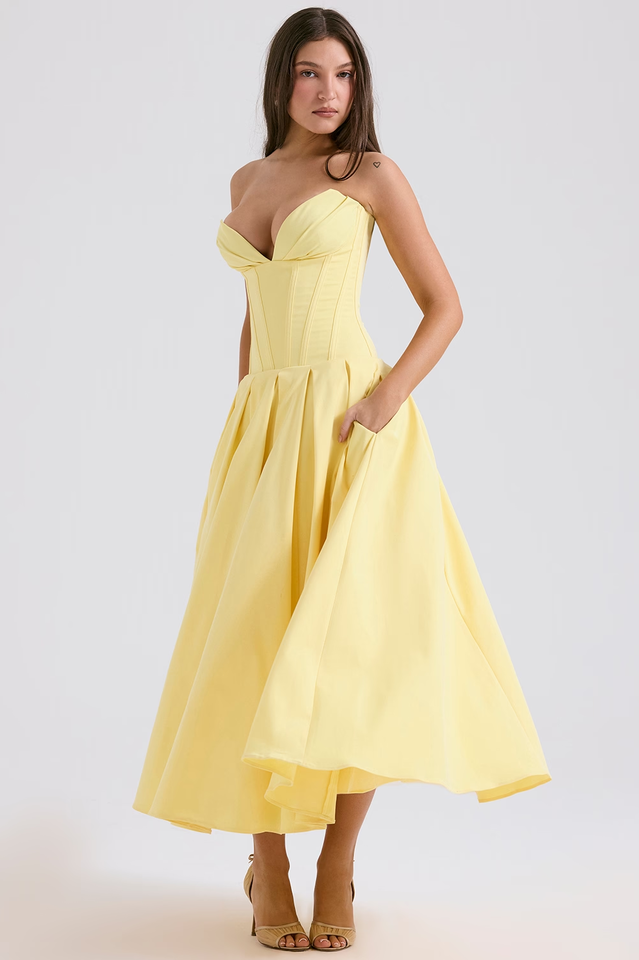 Strapless Deep Plunge Corset Boned Pleated A-Line Midi Dress