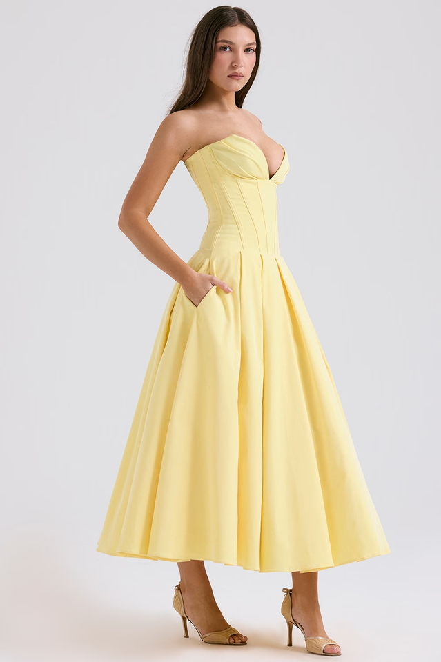 Strapless Deep Plunge Corset Boned Pleated A-Line Midi Dress
