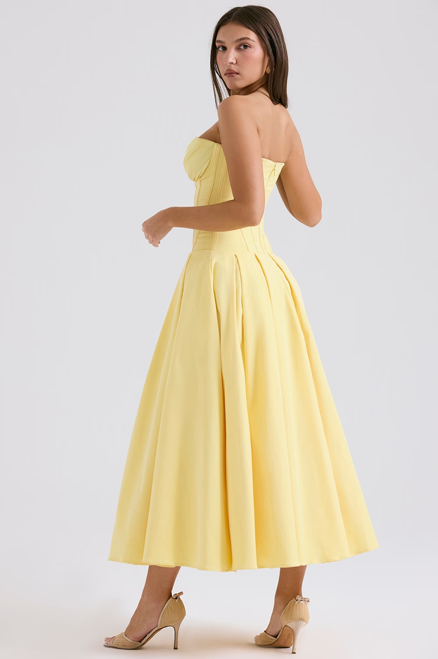 Strapless Deep Plunge Corset Boned Pleated A-Line Midi Dress
