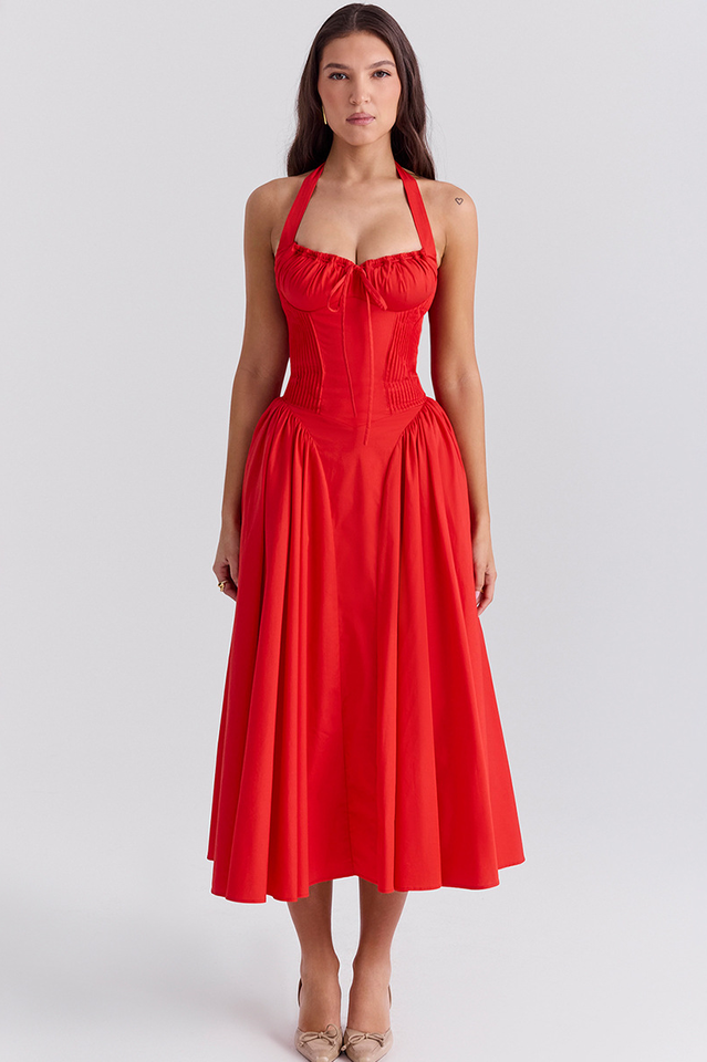 Halter Sweetheart Neck Lace Trim Ditsy Floral Corset Bodice Midi Dress