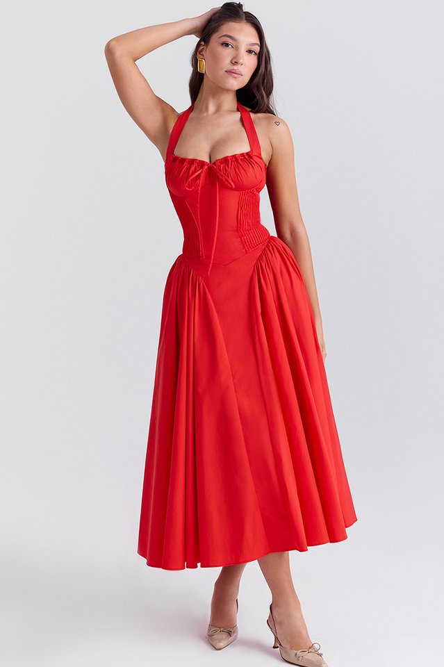 Halter Sweetheart Neck Lace Trim Ditsy Floral Corset Bodice Midi Dress
