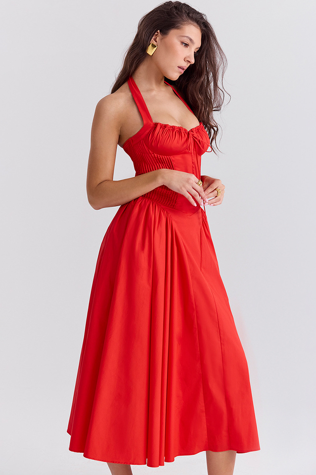 Halter Sweetheart Neck Lace Trim Ditsy Floral Corset Bodice Midi Dress
