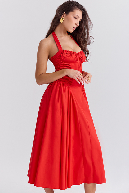 Halter Sweetheart Neck Lace Trim Ditsy Floral Corset Bodice Midi Dress