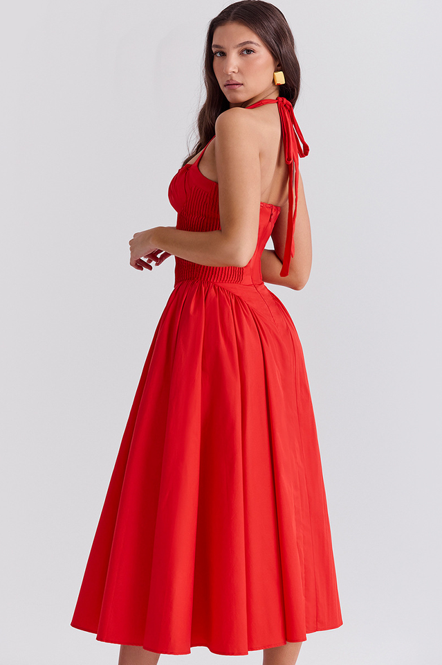 Halter Sweetheart Neck Lace Trim Ditsy Floral Corset Bodice Midi Dress