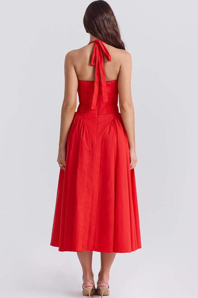 Halter Sweetheart Neck Lace Trim Ditsy Floral Corset Bodice Midi Dress