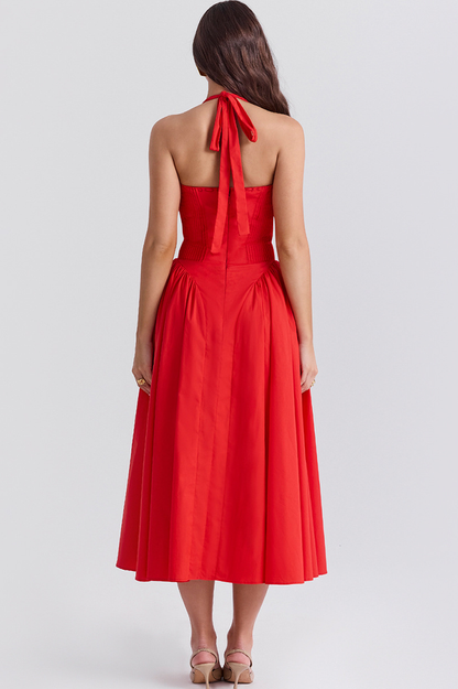 Halter Sweetheart Neck Lace Trim Ditsy Floral Corset Bodice Midi Dress